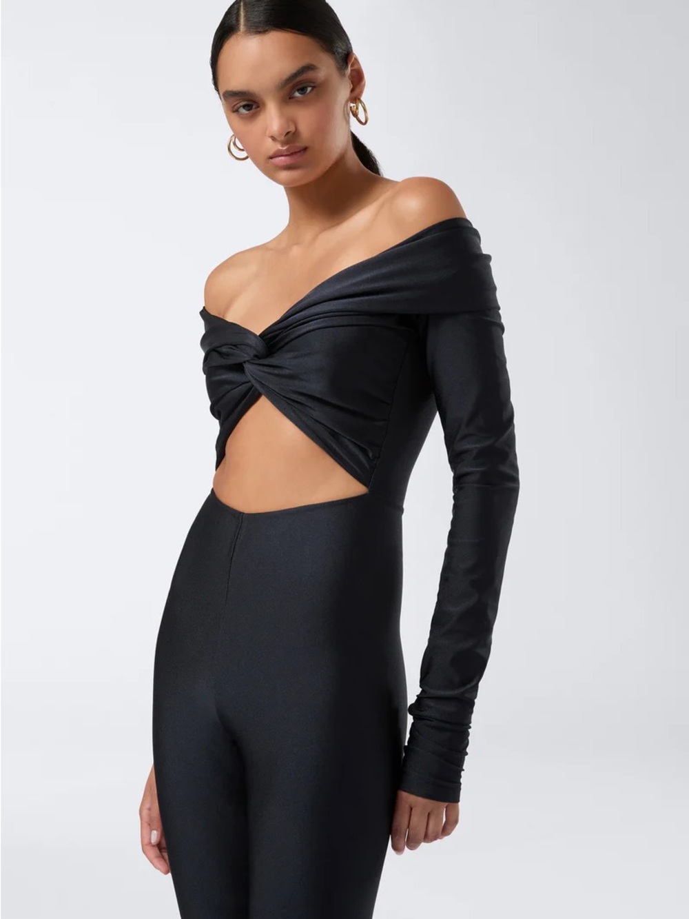 ANDAMANE “KENDALL” OFF-SHOULDER JUMPSUIT, SZ S BLACK